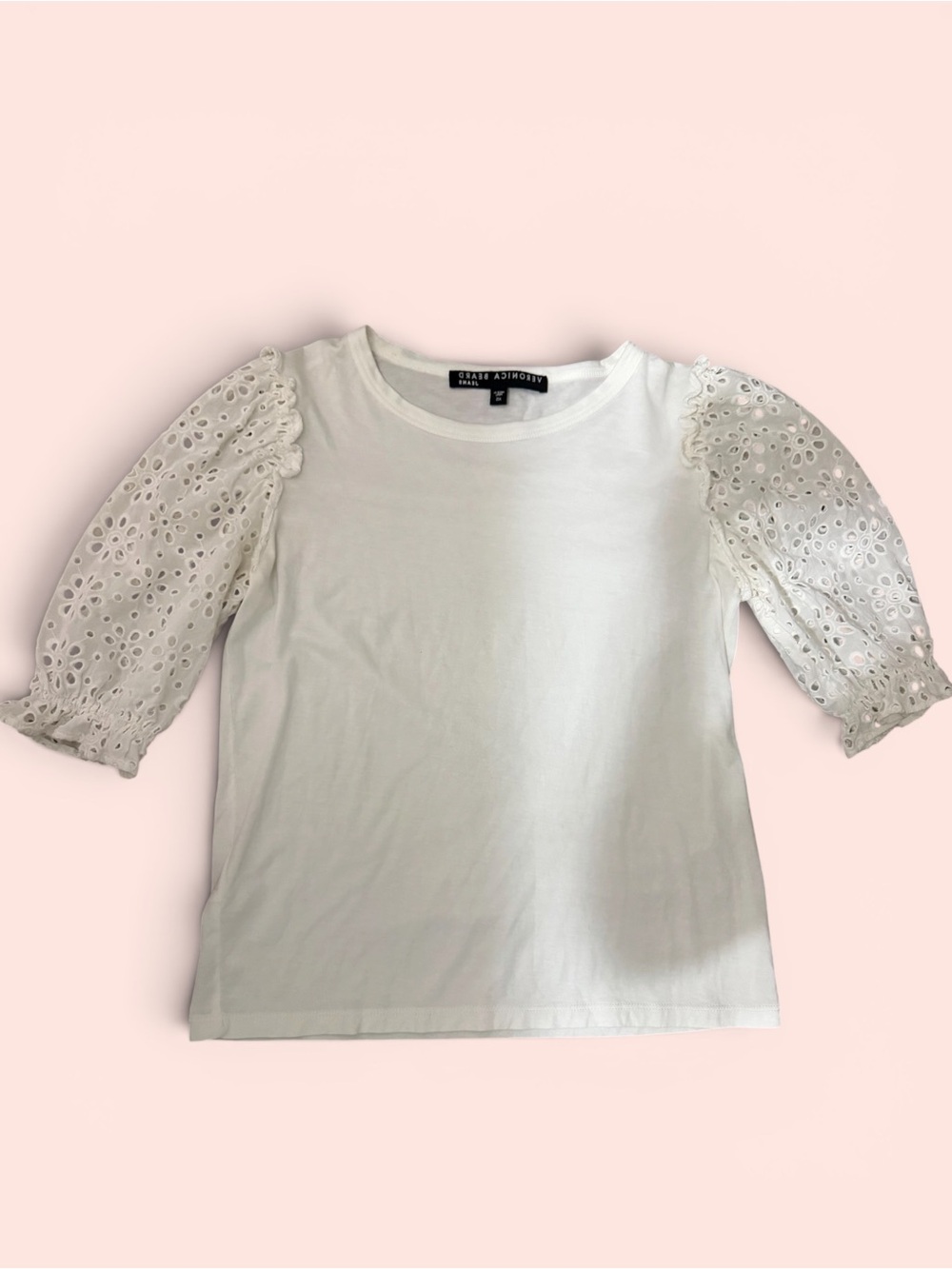 Veronica Beard White Eyelet Puff Sleeve Tee Preppy Boho Floral Sleeve